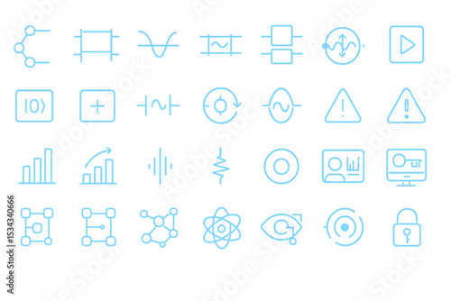 Set of glowing blue neon interface icons for data, signals, and AI