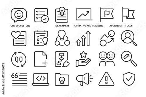 Creative storytelling UI icons for writing, tone, and idea tracking
