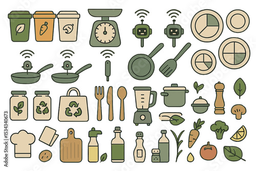 Eco-friendly smart kitchen icon set with cooking tools and fresh food