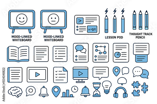 Icon set of smart classroom tools including mood boards, lesson pods, and learning media