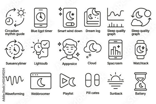 Sleep wellness icon set with graphs, routines, light controls, and trackers