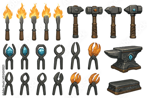 Fantasy blacksmith tool icons with enchanted hammers and glowing tongs