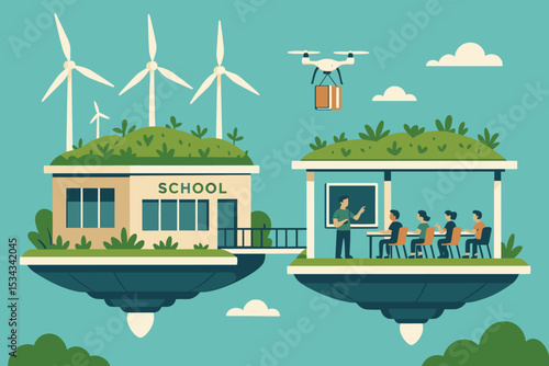 Illustration of floating, sustainable school buildings with green rooftops and wind turbines, featuring a teacher in a classroom and a drone delivering books in a futuristic, eco-friendly environment.