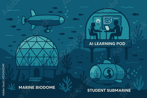 Underwater learning environment with AI pod, marine biodome, and submarine