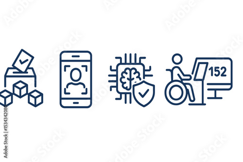 Set of icons representing voting, facial recognition, AI security, and accessibility.
