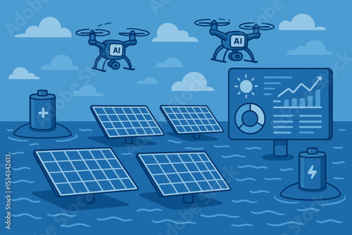 A serene and modern illustration featuring solar panels floating on water, drones with AI technology flying above, and a digital dashboard displaying data about the sun and energy