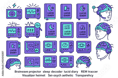 Colorful lucid dreaming and brainwave interface icons in neon style