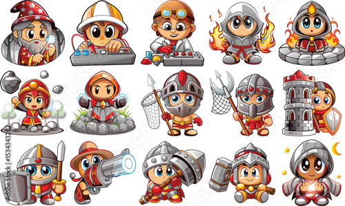 Cartoon Characters in Costumes Wizards, Knights, Scientists, Builders, Outlaws, and More Posing Cheerfully