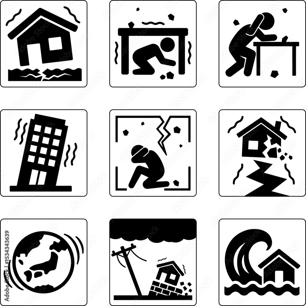 Φωτογραφία A set of nine black-and-white icons illustrating earthquake and tsunami scenario