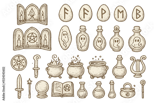 Sketch-style fantasy icons of potions, cauldrons, runes, and magical relics