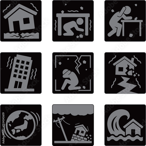A set of nine black-and-white icons illustrating earthquake and tsunami scenarios, including shaking buildings, cracked ground, collapsing houses, people taking shelter, and a tsunami wave approaching