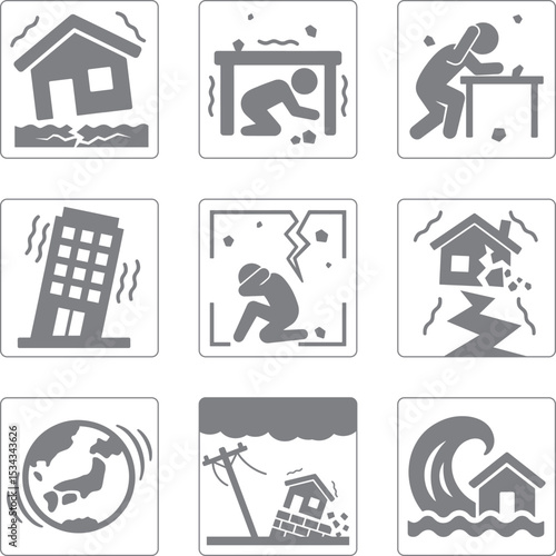 A set of nine black-and-white icons illustrating earthquake and tsunami scenarios, including shaking buildings, cracked ground, collapsing houses, people taking shelter, and a tsunami wave approaching