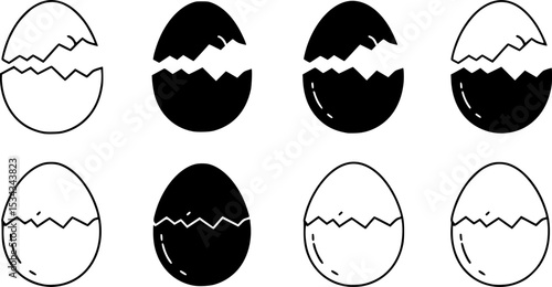 Set of broken eggs icon. Black and outline shapes of cracked egg. vector set
