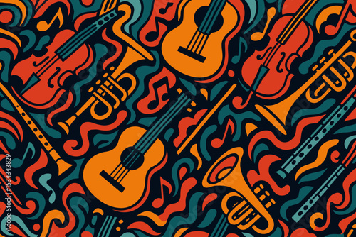 Bold seamless pattern of musical instruments and swirling notes