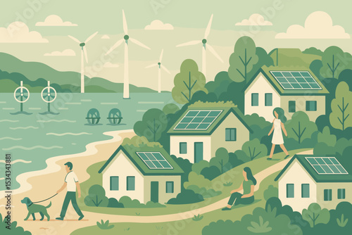 Illustration of green coastal community with solar roofs and wind turbines