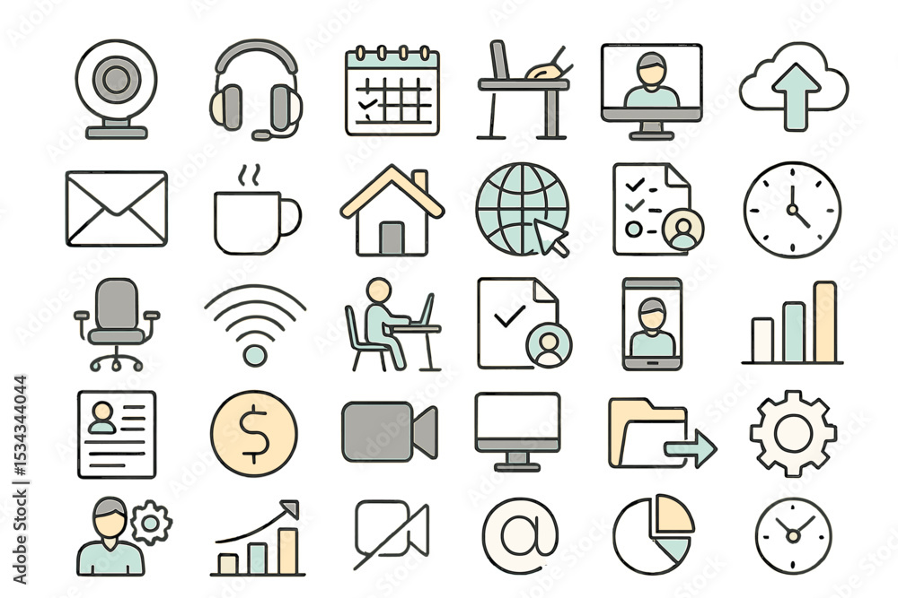 Outlined office and remote work icons in soft color palette Outlined office and remote work icons in soft color palette