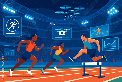 Athletes in a smart stadium race with drones and digital performance data