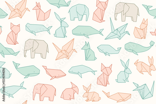 Seamless pastel origami animal pattern with minimal outlines