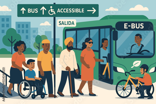 Inclusive illustration of diverse passengers boarding an accessible electric bus
