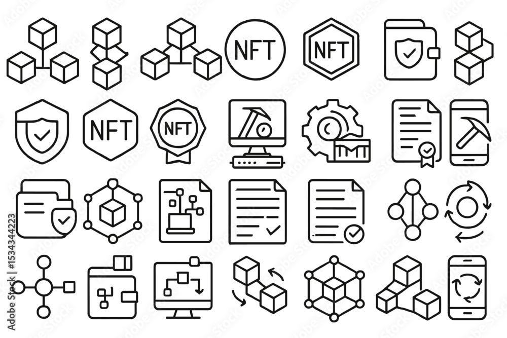 Minimalist black icon set for blockchain, NFTs, and crypto tech Minimalist black icon set for blockchain, NFTs, and crypto tech