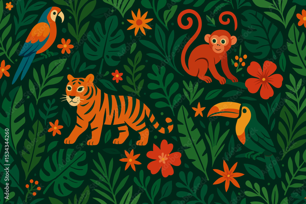 Colorful jungle illustration with tiger, monkey, birds, and tropical plants Colorful jungle illustration with tiger, monkey, birds, and tropical plants