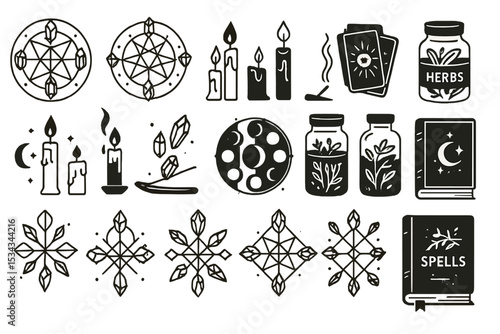 Witchcraft icon set with candles, crystals, herbs, and spellbooks