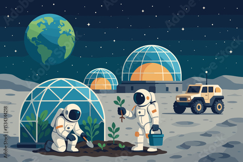 Astronauts planting crops in a lunar colony greenhouse