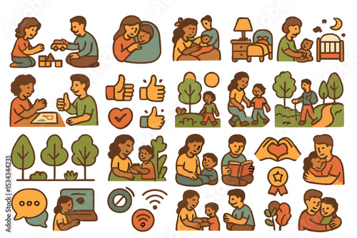 Collection of hand-drawn icons of parenting, bonding, and nature