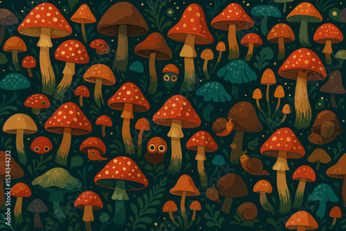 Magical forest pattern with colorful mushrooms and cute creatures
