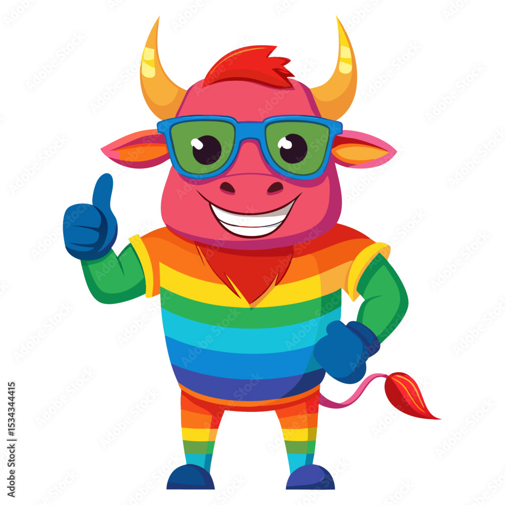 Naklejka premium A full-body image of a rainbow-colored Bull wearing sunglasses, giving a thumbs-up with a smile, showing approval