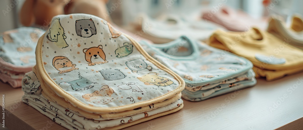 Fototapeta premium Cute baby bibs and beanies with cartoon prints, laid out on a nursery table, bright and clean environment
