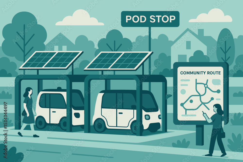 Obraz premium Solar-powered neighborhood pod stop with community route map