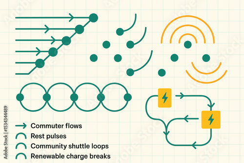 Grid-style diagram showing commuter flows, rest pulses, shuttle loops, and energy recharge nodes