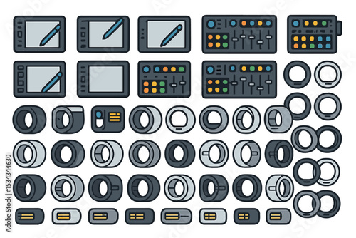 Set of smart rings, styluses, and digital control panel icons