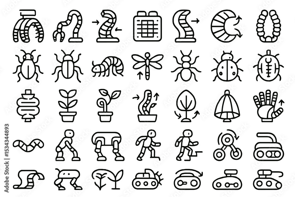 Line icon set of soft robotics, insect motion, plant growth, and crawling robots Line icon set of soft robotics, insect motion, plant growth, and crawling robots