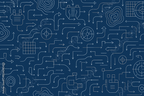 Seamless technical blueprint pattern with arrows and schematic icons