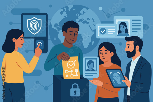 An illustration showing the process of digital identity verification, with people engaging in biometric authentication such as fingerprint scanning and facial recognition