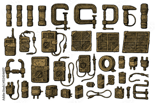 Rustic hand-drawn icons of survival electronics and tools