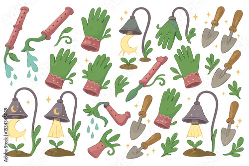 Whimsical garden tools seamless pattern with moon lamps and trowels