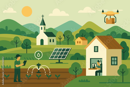 Modern rural farming with drone delivery and solar tech
