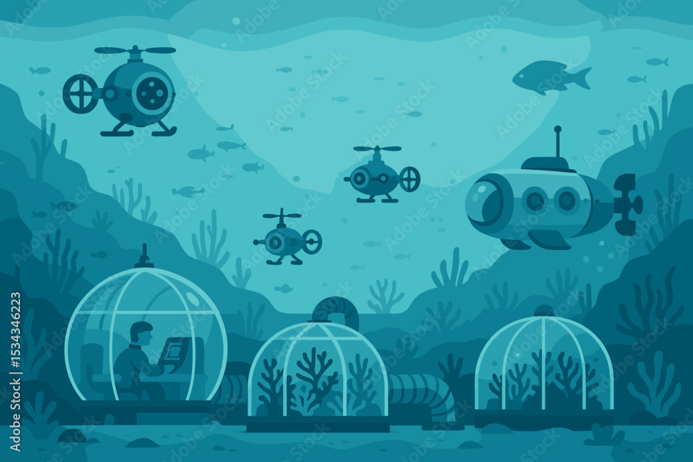 Obraz premium Futuristic underwater research station with submarines and domes