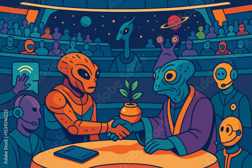 Futuristic alien leaders agree on peace with plant exchange