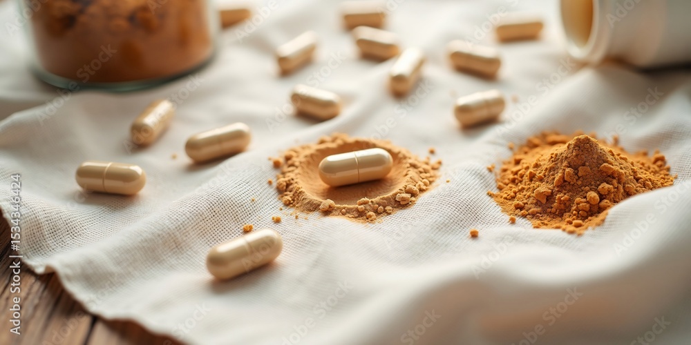 a collection of capsules and vitamins scattered gently on linen a collection of capsules and vitamins scattered gently on linen