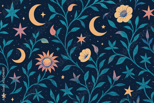 Whimsical floral and celestial seamless pattern with stars and moons
