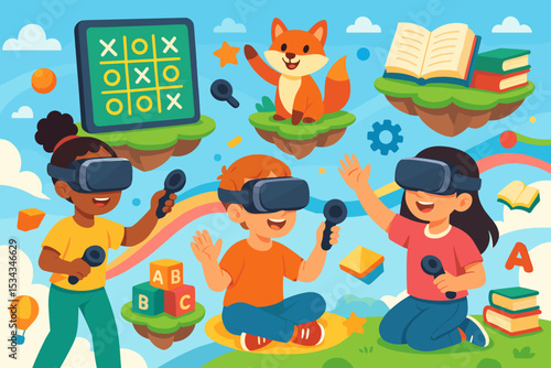 Children learning with VR in a colorful virtual education world