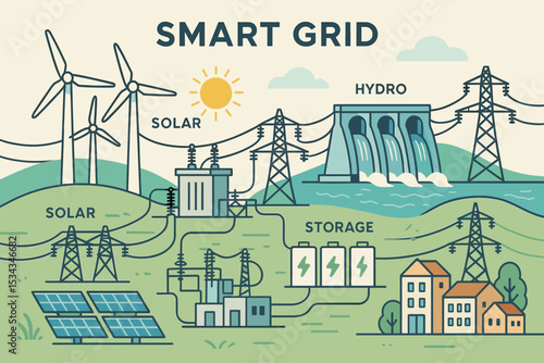 Smart grid system integrating solar, wind, hydro power and energy storage