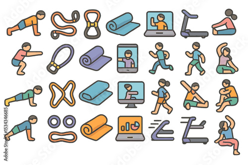 Colorful workout icons with people exercising, mats, bands, and devices