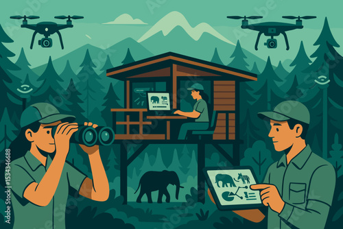 Wildlife researchers using drones and tablets in forest observation