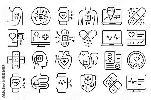 Set of futuristic healthcare icons with smart patches and telemedicine