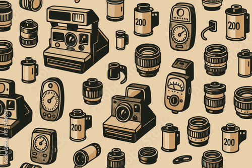 Retro pattern with vintage cameras, film rolls, and photo gear